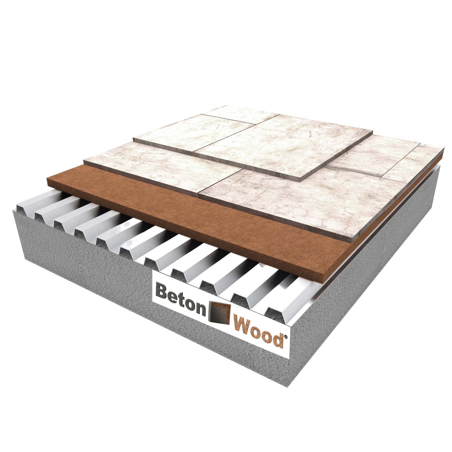 Screed with wood fibre board Fibertherm Base on corrugated metal sheet
