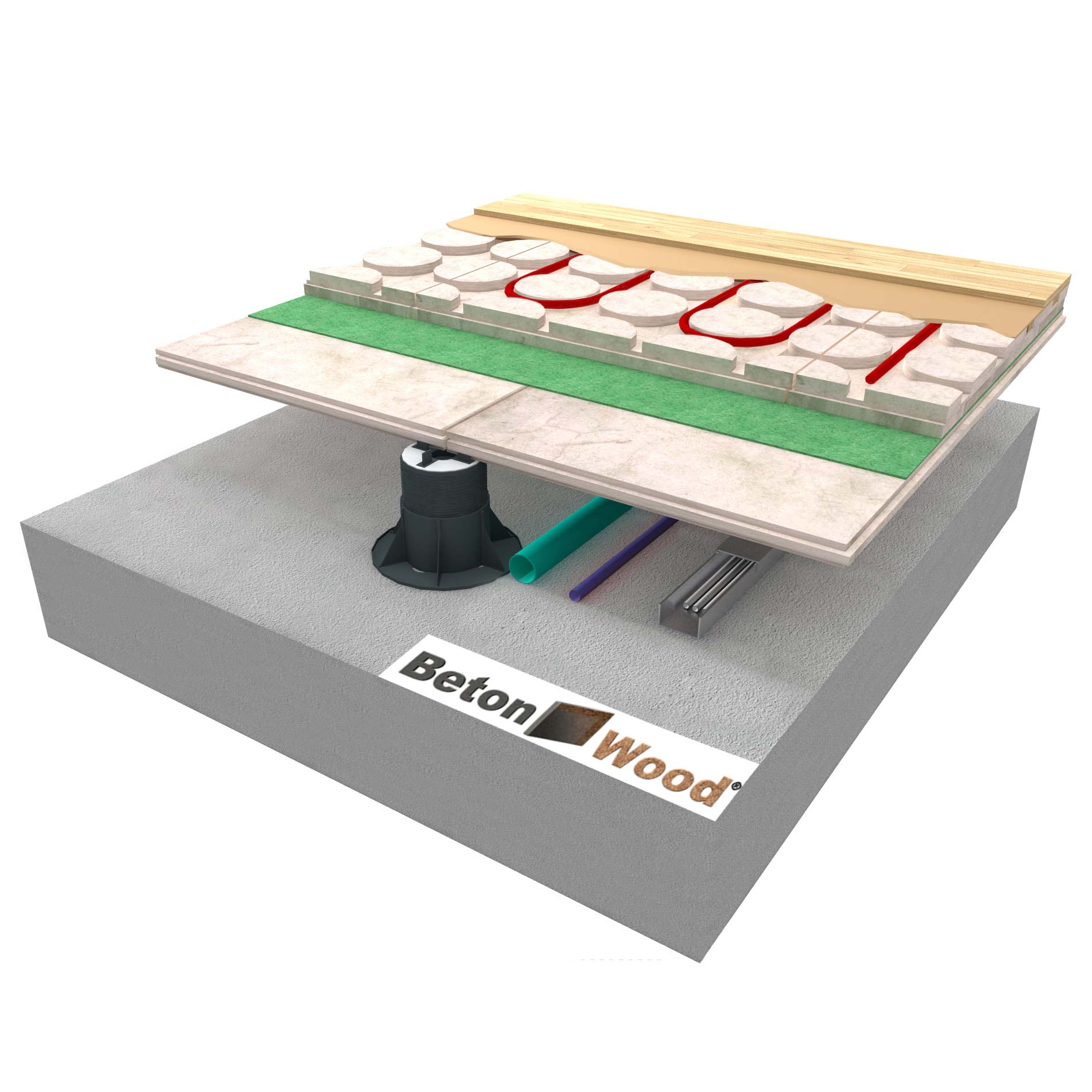 Elevated radiant screed with wood fibre boards Underfloor on self-leveling support
