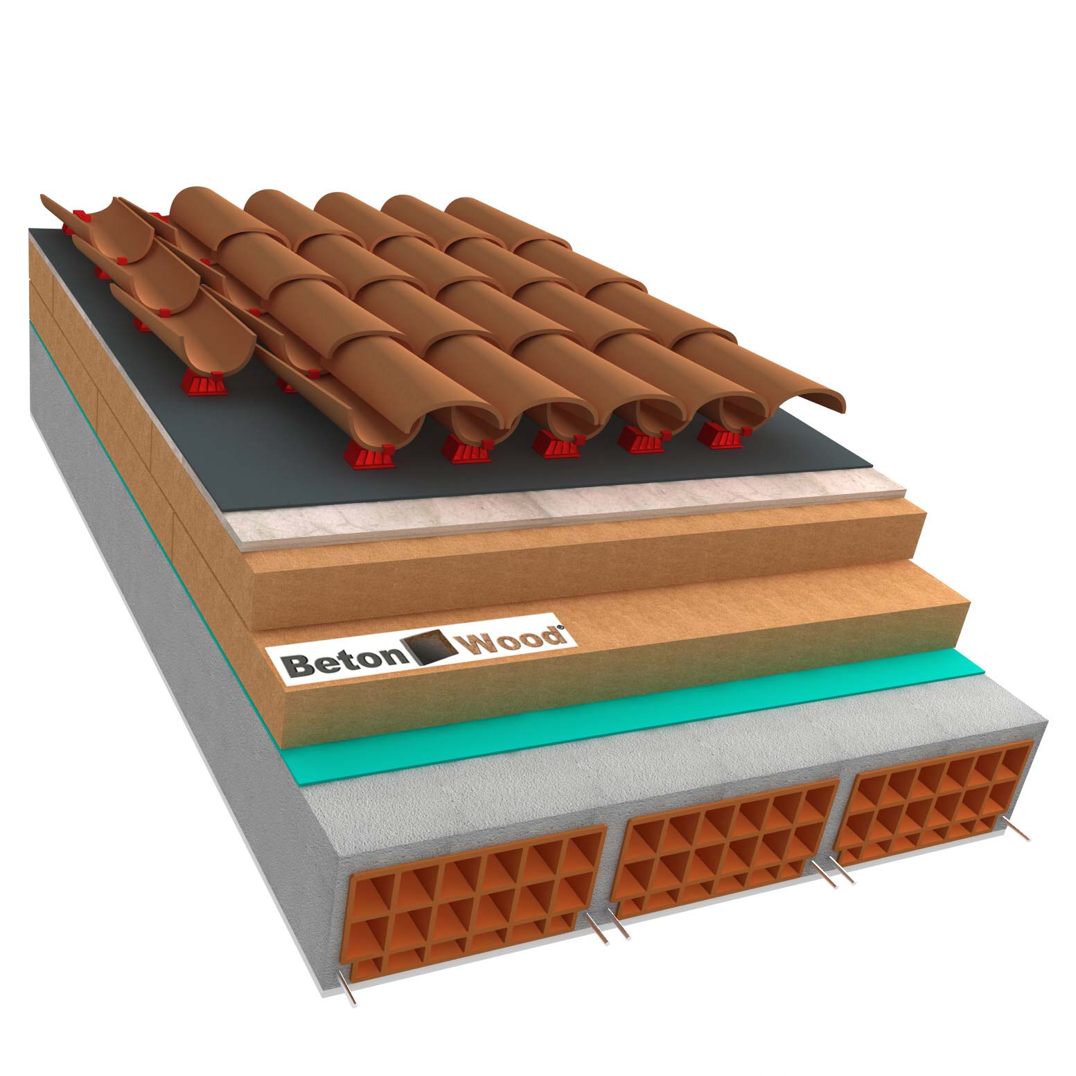 Ventilated roof with wood fibre board Therm and cement bonded particle boards on concrete