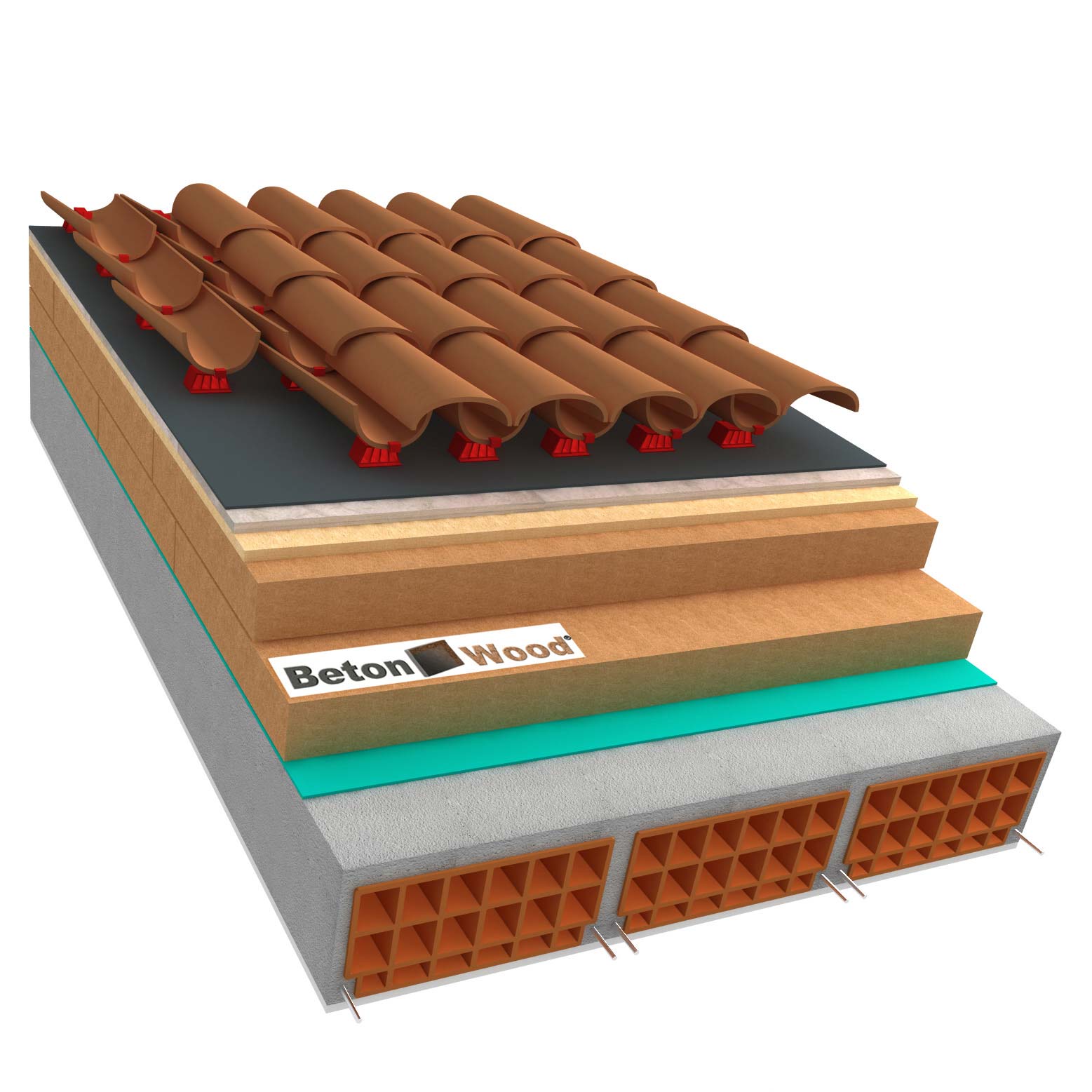 Ventilated roof with wood fibre board Isorel, Therm and cement bonded particle boards on concrete